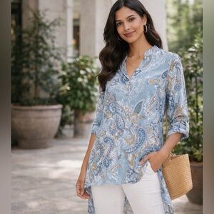 Chico's Tunic Pullover Blouse Women Sz 2 (12/L)  Blue Paisley Boho Asymmetrical